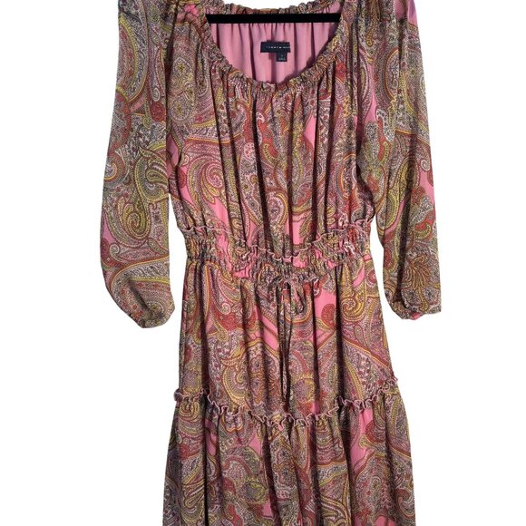 Tommy Hilfiger Pink Paisley Off-Shoulder Dress Size 10 Elastic Waist 3/4 Sleeves - Picture 8 of 16